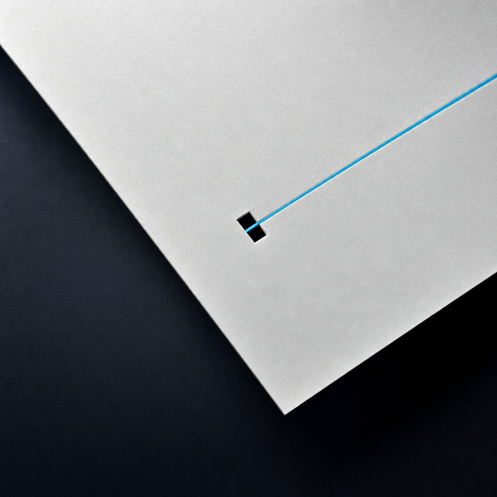Paper-white drafting film pierced by one cyan lineage filament
